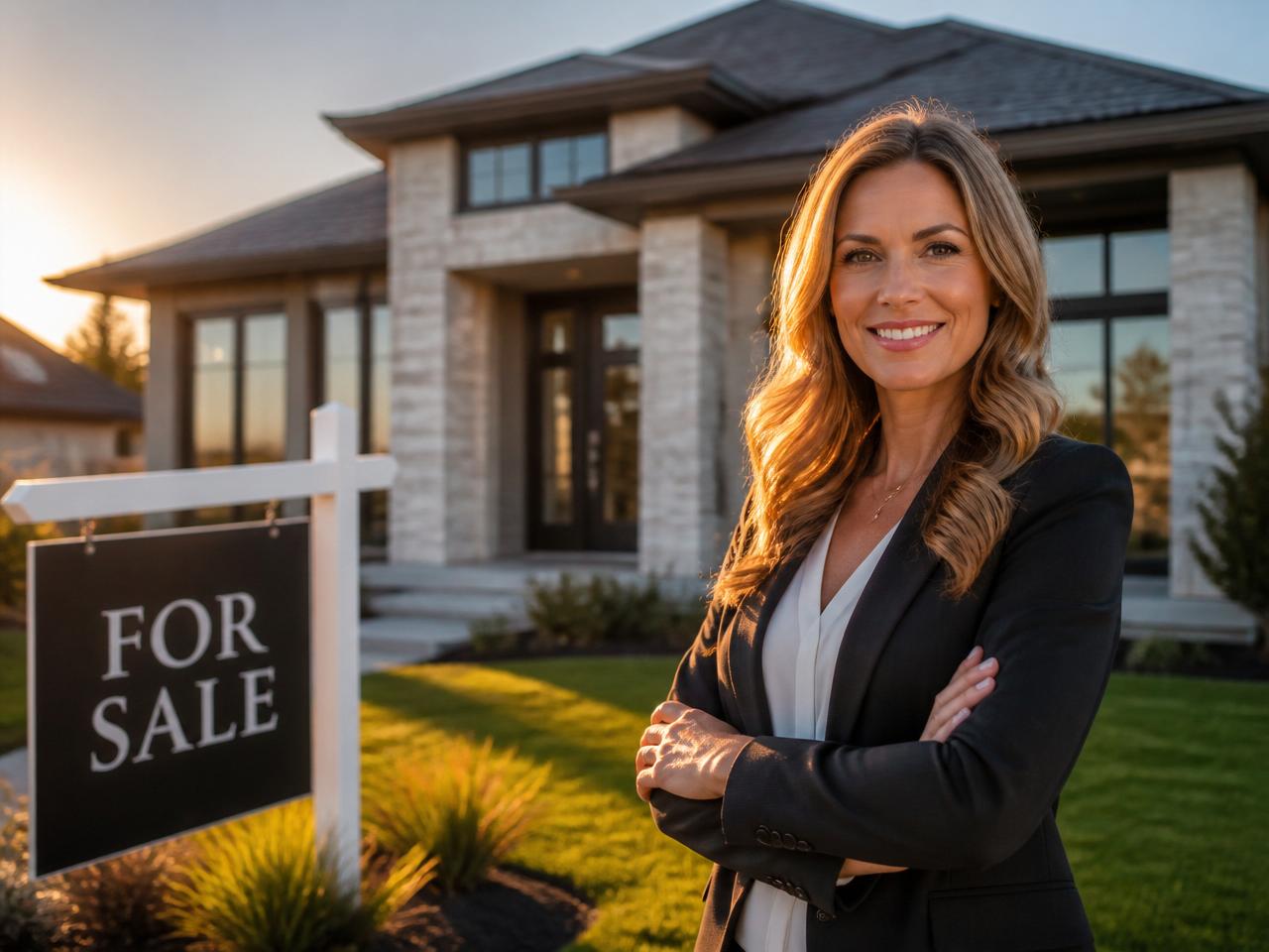 Professional real estate agent smiling in front of a modern home for sale