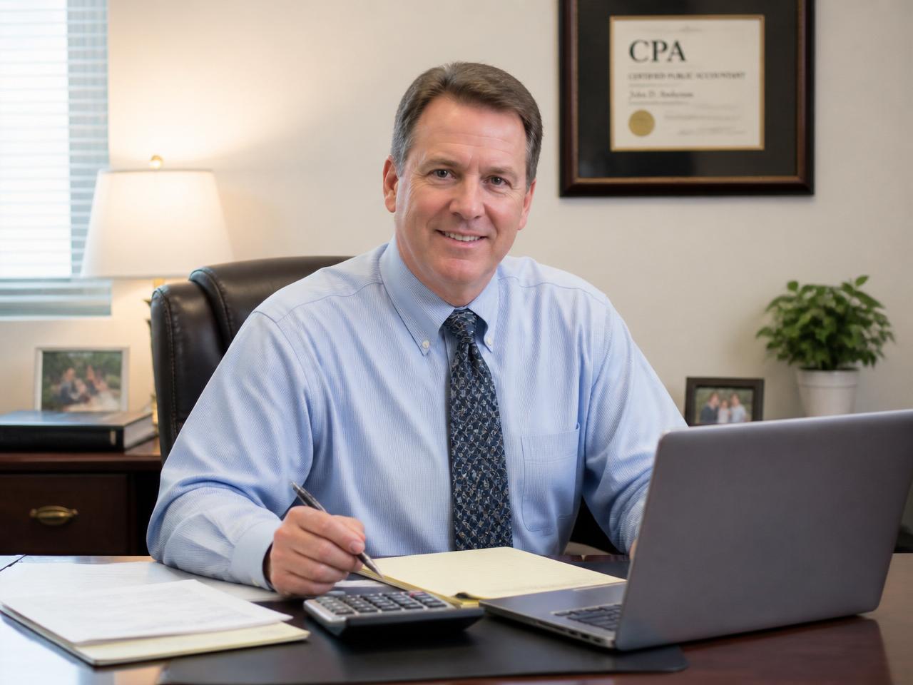 Professional tax preparer at a tidy desk with laptop and calculator